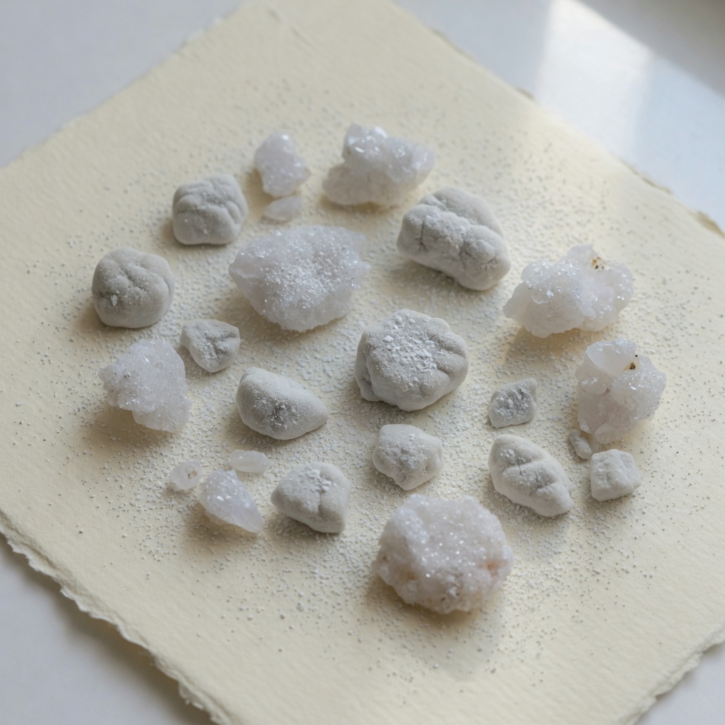 White boron mineral nodules on handmade paper