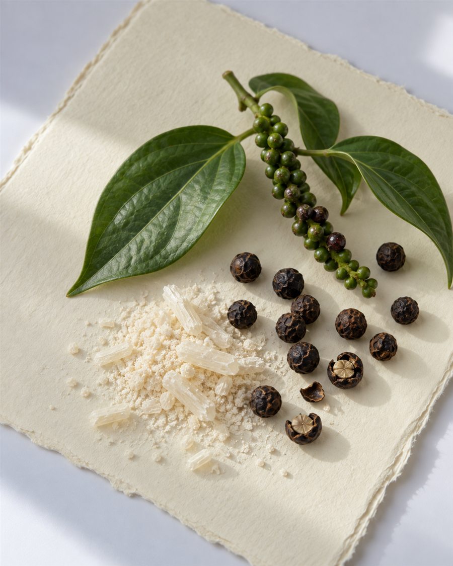 Piperine: a black pepper sprig with its leaves and a spike of green berries, dried peppercorns, two cracked open, and a heap of pale piperine crystals, on handmade paper