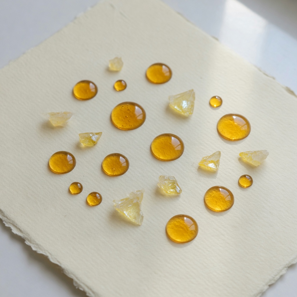 Amber drops and fragments of vitamin D oil on handmade paper