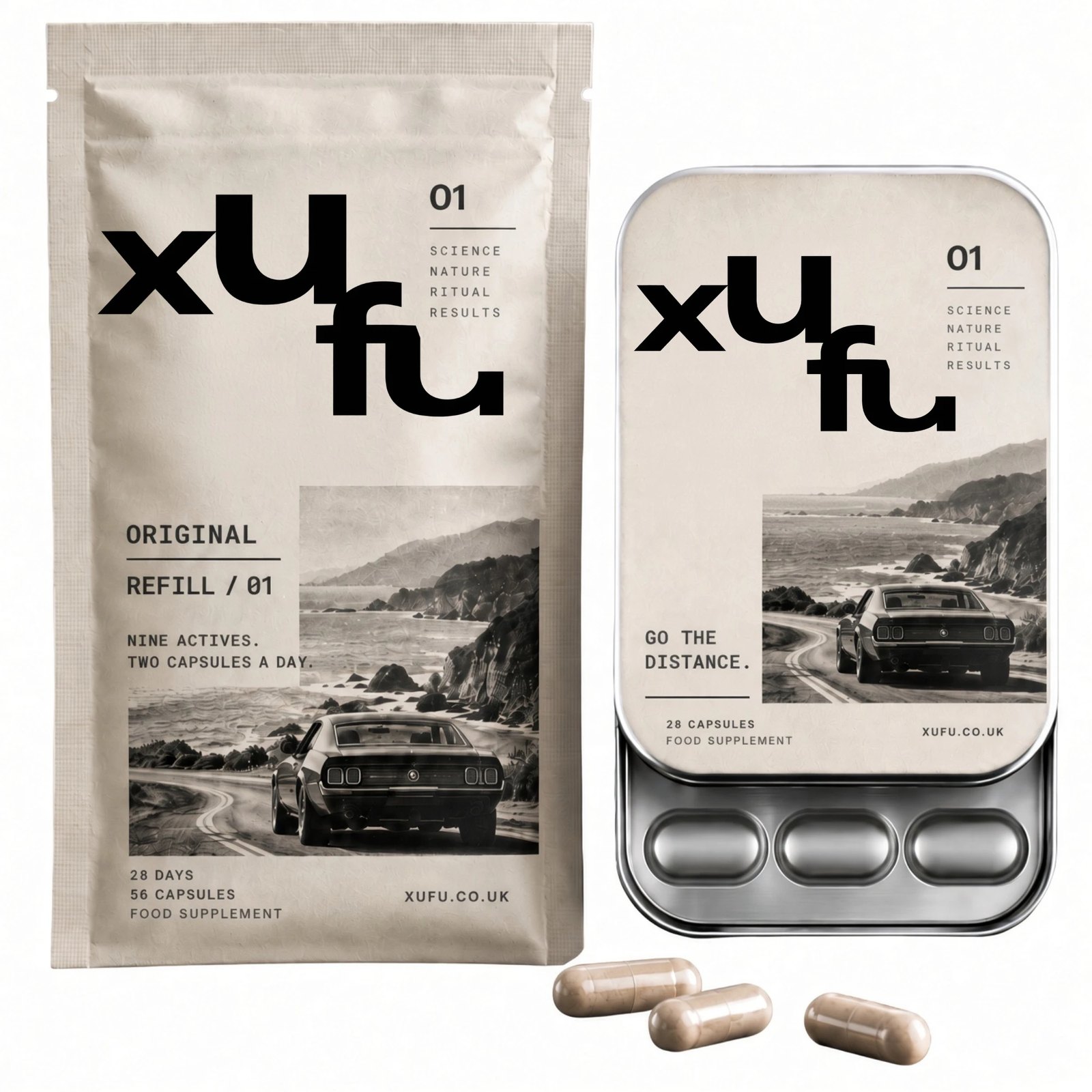 XUFU Original: the refill pouch and the metal tin, with three capsules